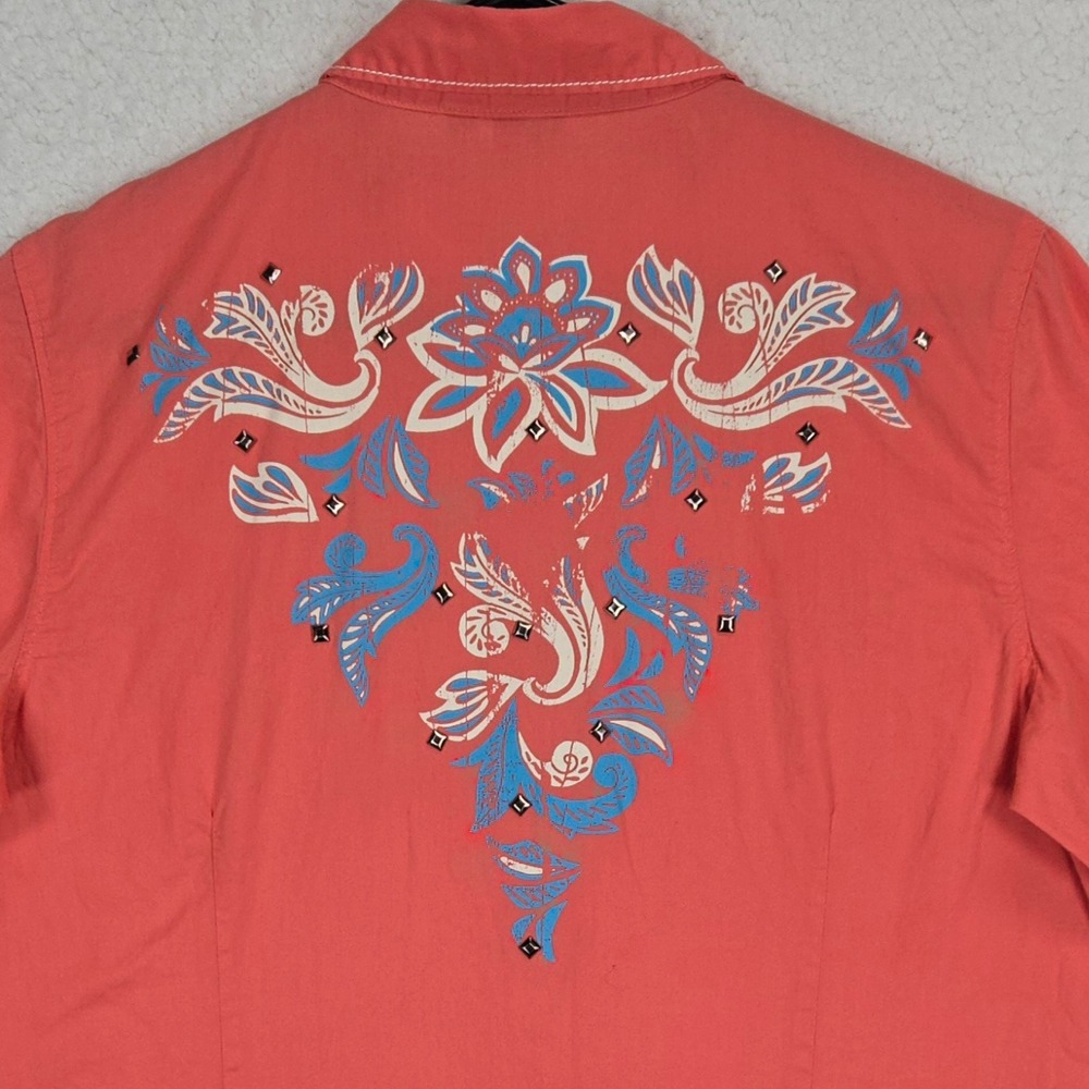 Cruel Denim Western Snap Shirt Women L Coral Pink Studded Floral Coastal Cowgirl